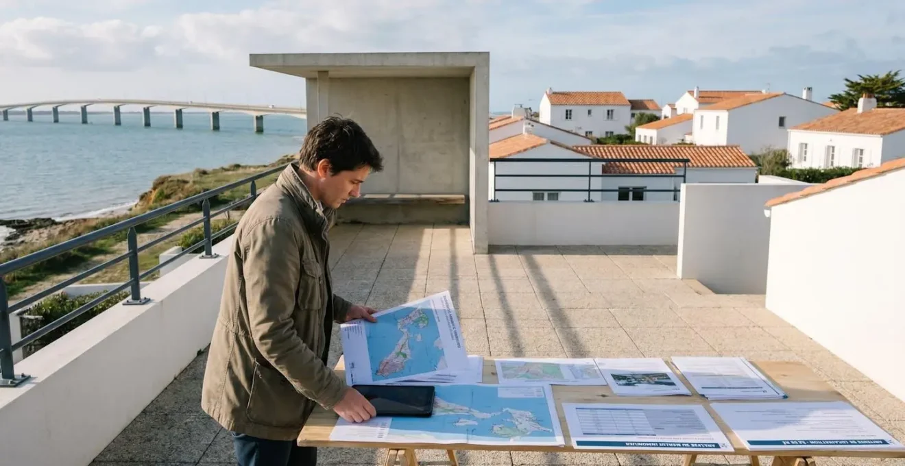 Professional reviewing property location analysis documents with Île de Ré coastal architecture and bridge infrastructure visible in background