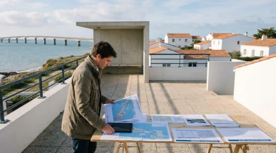 Professional reviewing property location analysis documents with Île de Ré coastal architecture and bridge infrastructure visible in background