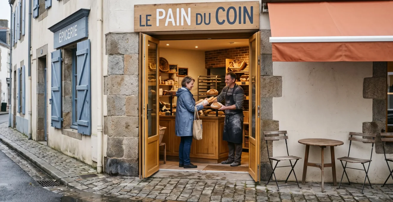 A baker hands a wrapped loaf to a customer at a quiet spring shopfront.
