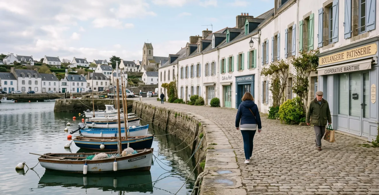 A calm spring harbor with pedestrians in light jackets along a stone quay.