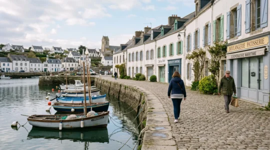 A calm spring harbor with pedestrians in light jackets along a stone quay.