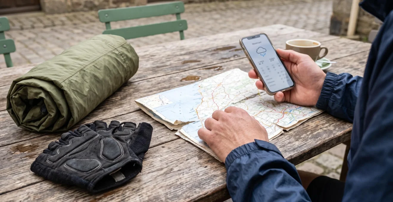 Hands check a folded map and a phone weather forecast on a café table.