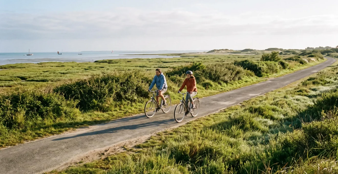 Two cyclists ride along an empty coastal bike path beside spring salt marshes.